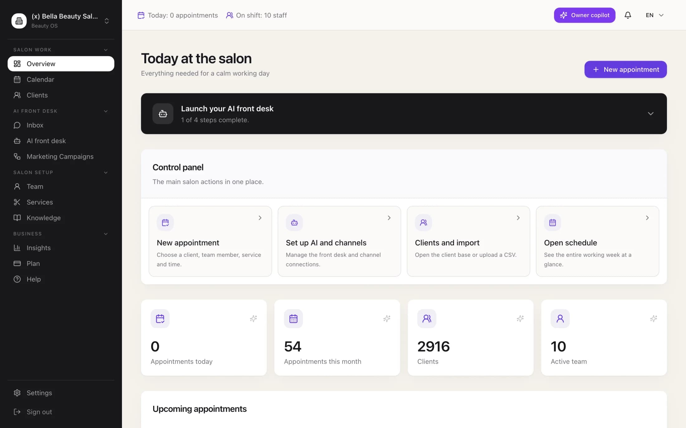 Beauty OS dashboard showing today's appointments and salon overview