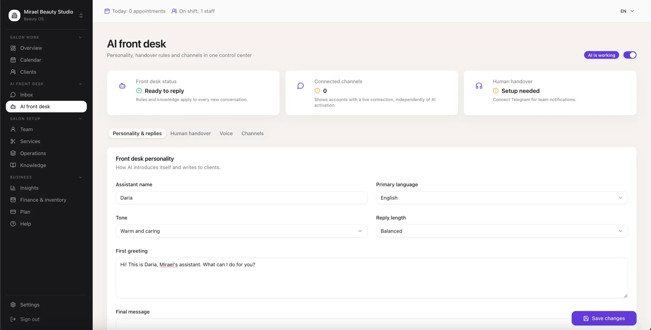 An AI receptionist you set up in minutes