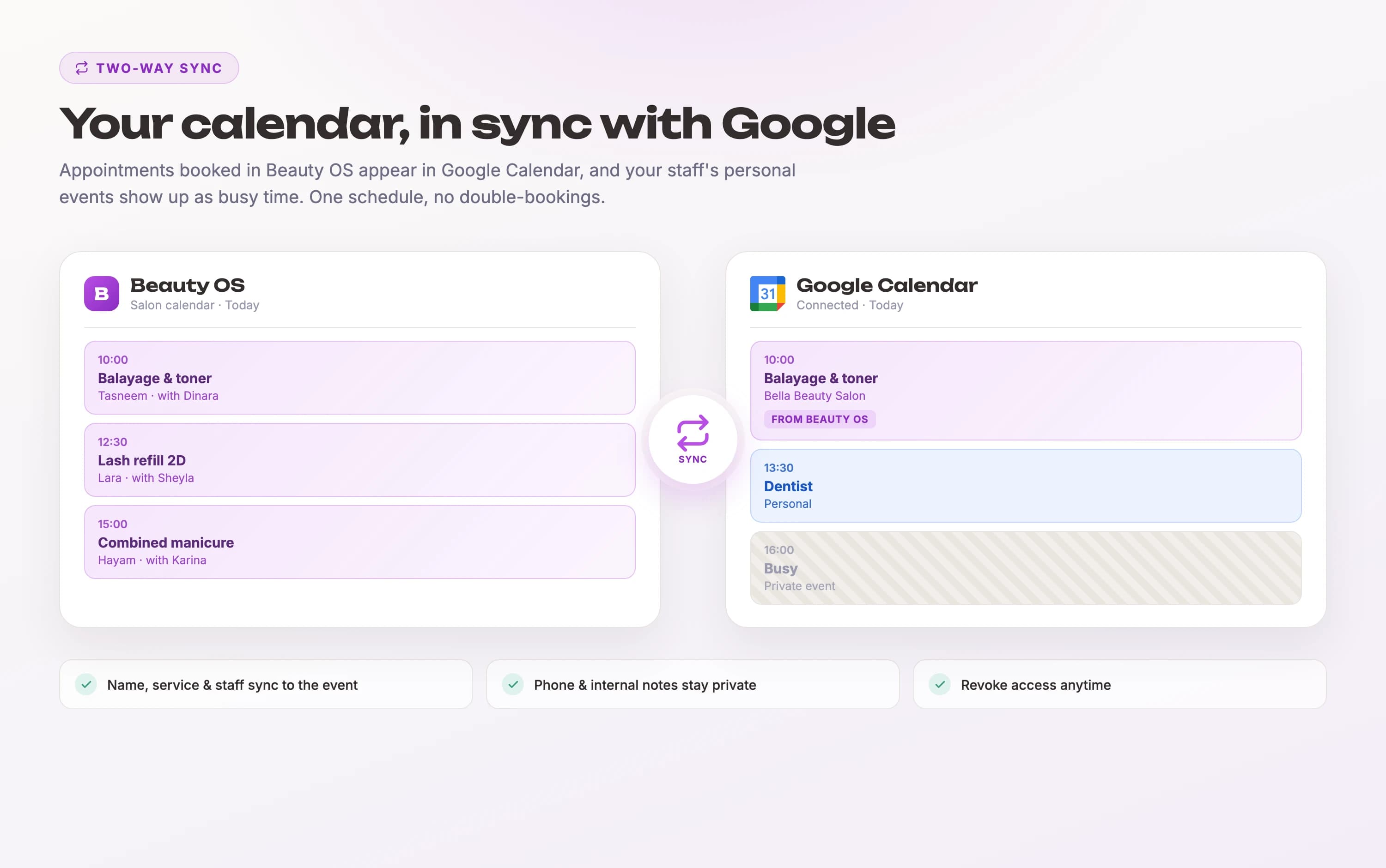 Beauty OS appointments syncing two-way with Google Calendar
