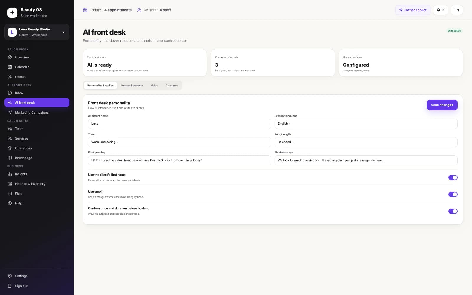 Uma recepcionista de IA que você configura em minutos