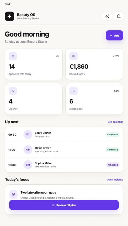 Painel do Beauty OS mostrando os agendamentos de hoje e a visão geral do salão