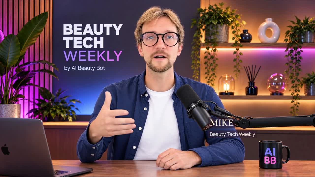 Mike Avdeev presenting the first Beauty Tech Weekly episode in the AI Beauty Bot studio